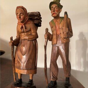 German Bavarian Vintage Hand Carved Wood Figurines Old Man And Woman 9’’ images